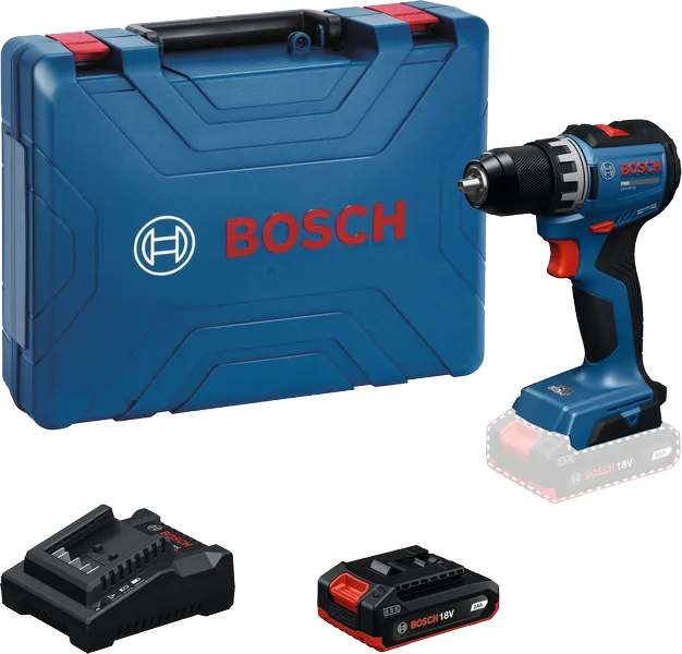 Bosch GSR 18V-52 cordless drill set with case.