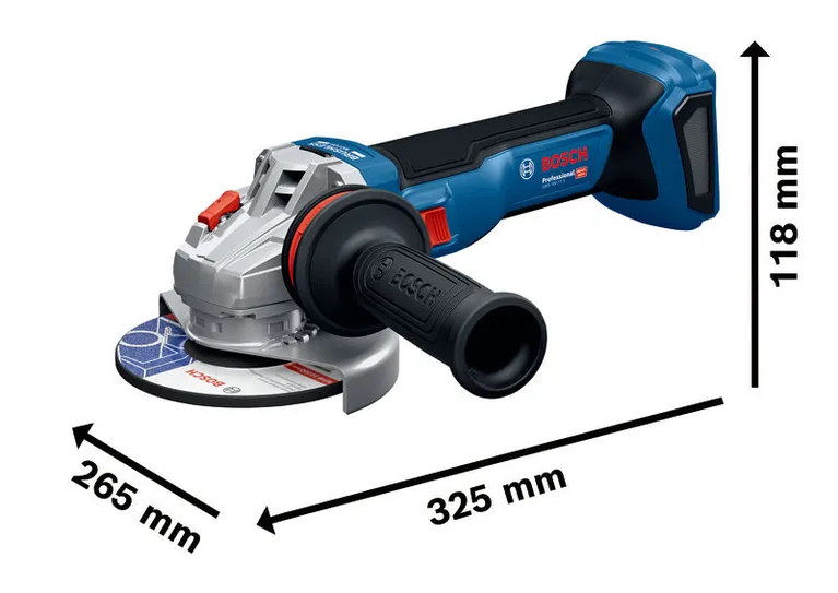 Bosch GWS 18V-11 S cordless angle grinder with dimensions.