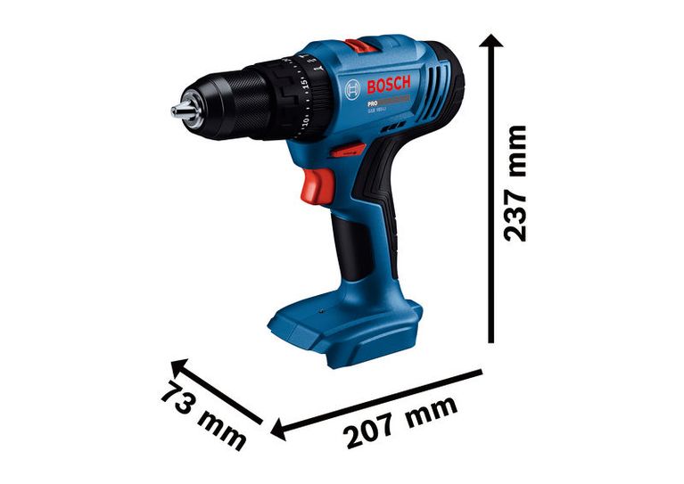 Bosch GSB 183-LI cordless drill with dimensions shown.