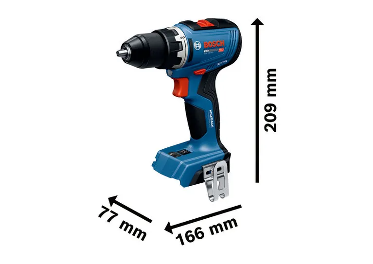 Bosch GSR 18V-65 bare cordless drill with dimensions.