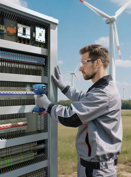 A person wearing safety equipment uses a cordless tool on an electrical panel outdoors.