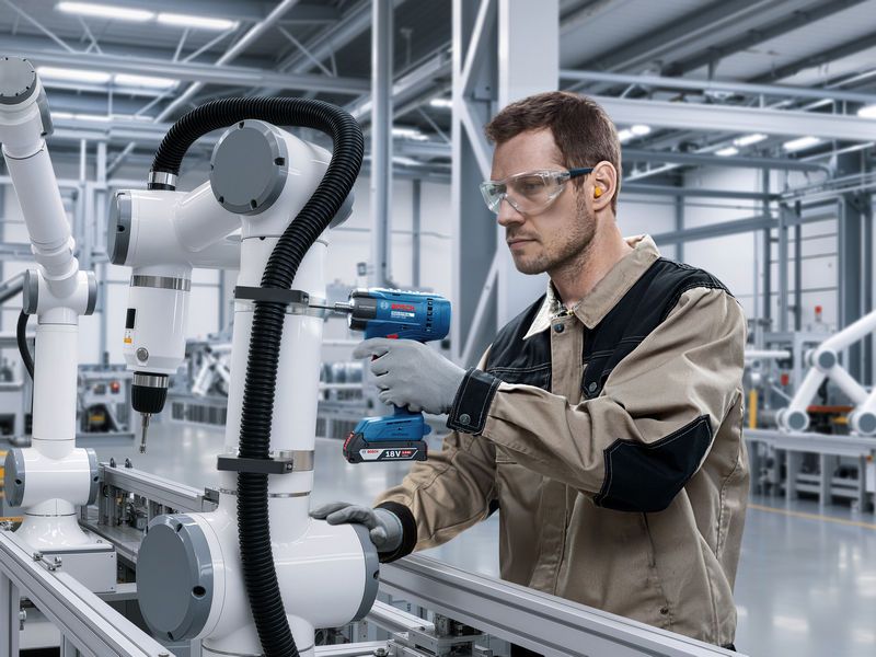A person wearing safety equipment uses a cordless tool to assemble a robotic arm.