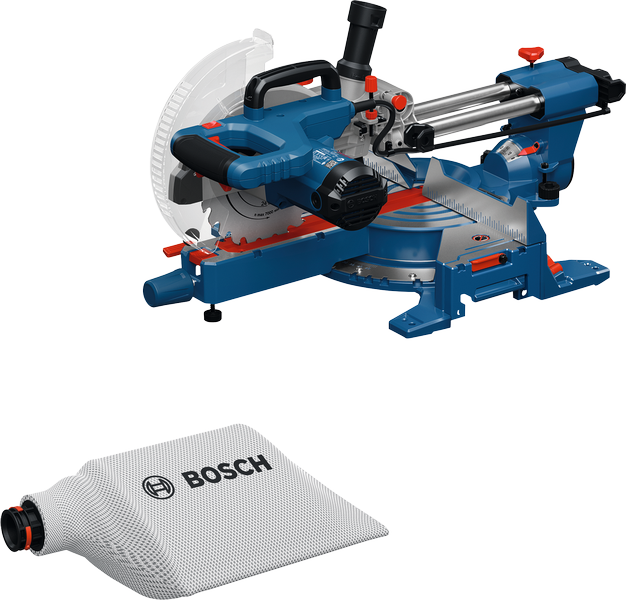 Bosch GCM305-216S sliding miter saw with dust bag.