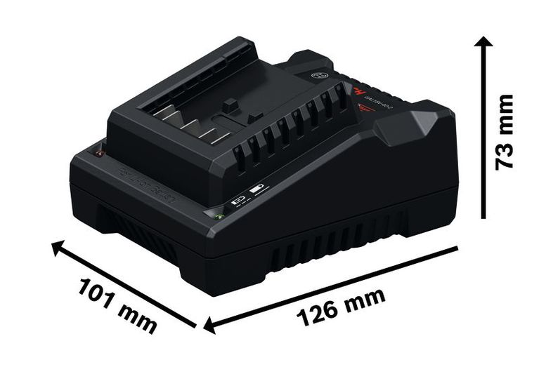 Bosch GAL 18V-40 battery charger with dimensions shown.