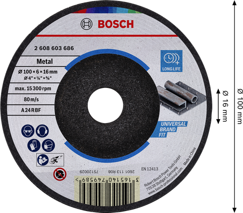 Bosch metal grinding disc 100 x 6 x 16 mm for universal fit.