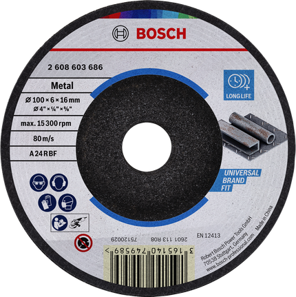 Bosch metal grinding disc 100 x 6 x 16 mm for universal fit.