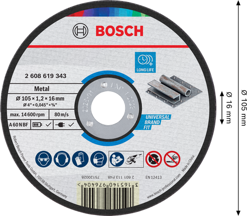 Bosch metal cutting disc 105 x 1.2 x 16 mm.