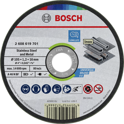 Bosch stainless steel and metal cutting disc 105 x 1.2 x 16 mm.