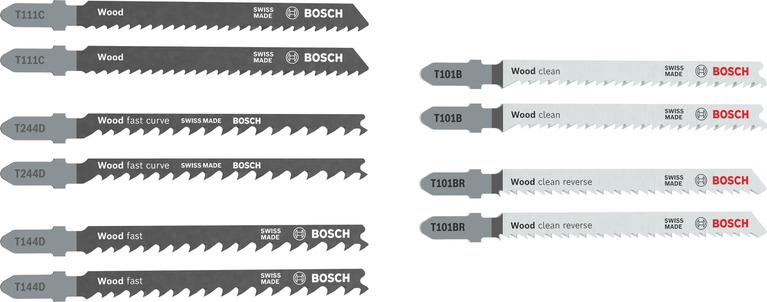 Bosch Wood Jigsaw Blade Set, 10 pieces for clean and fast cuts.