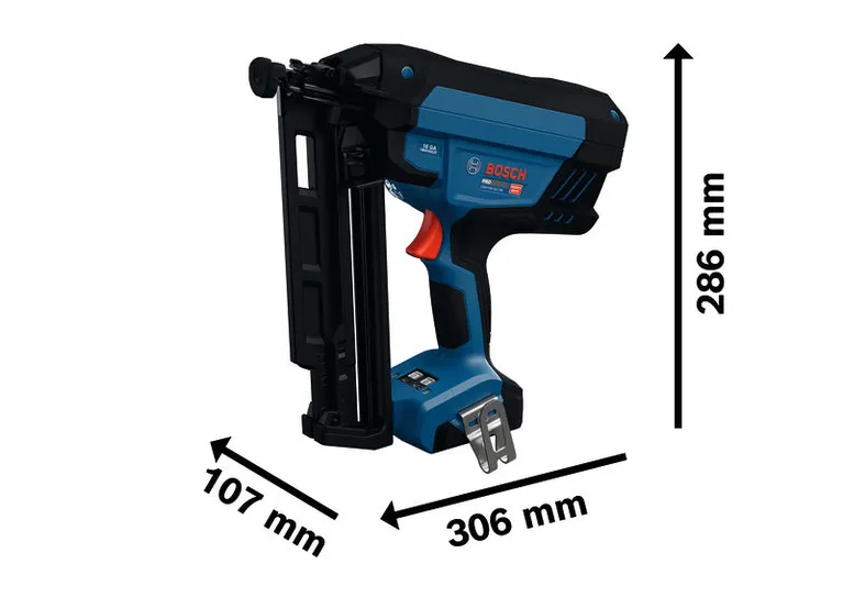 Bosch GNH18V-64-3M cordless 16 gauge finish nailer with dimensions.