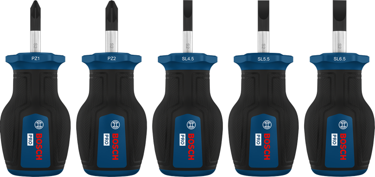 Bosch PRO Stubby Screwdriver PZ/SL Set with color-coded handles.