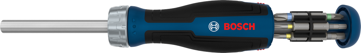 Bosch bit ratchet screwdriver with 12-piece bit magazine.