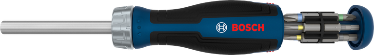 Bosch bit ratchet screwdriver with 12-piece bit magazine.