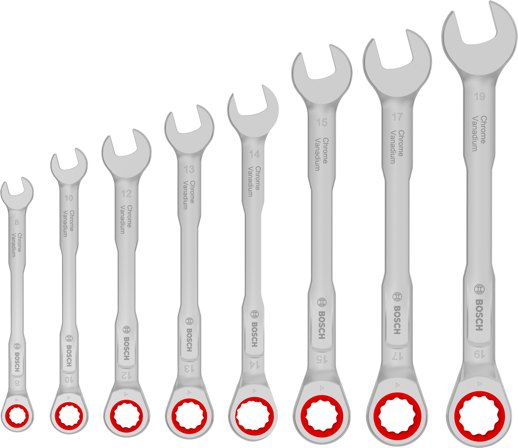 Bosch ratchet combination wrench set 8-19 mm, 50 percent more torque.