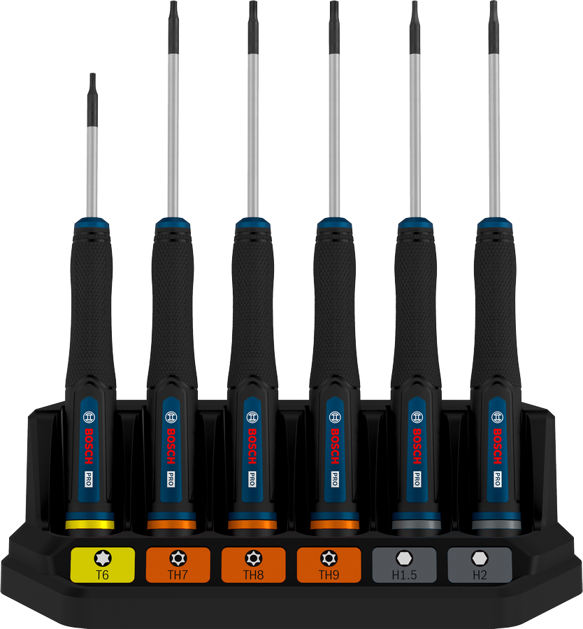 Bosch PRO Precision Screwdriver Set TX/TH/H, 6 pcs with color-coded handles.