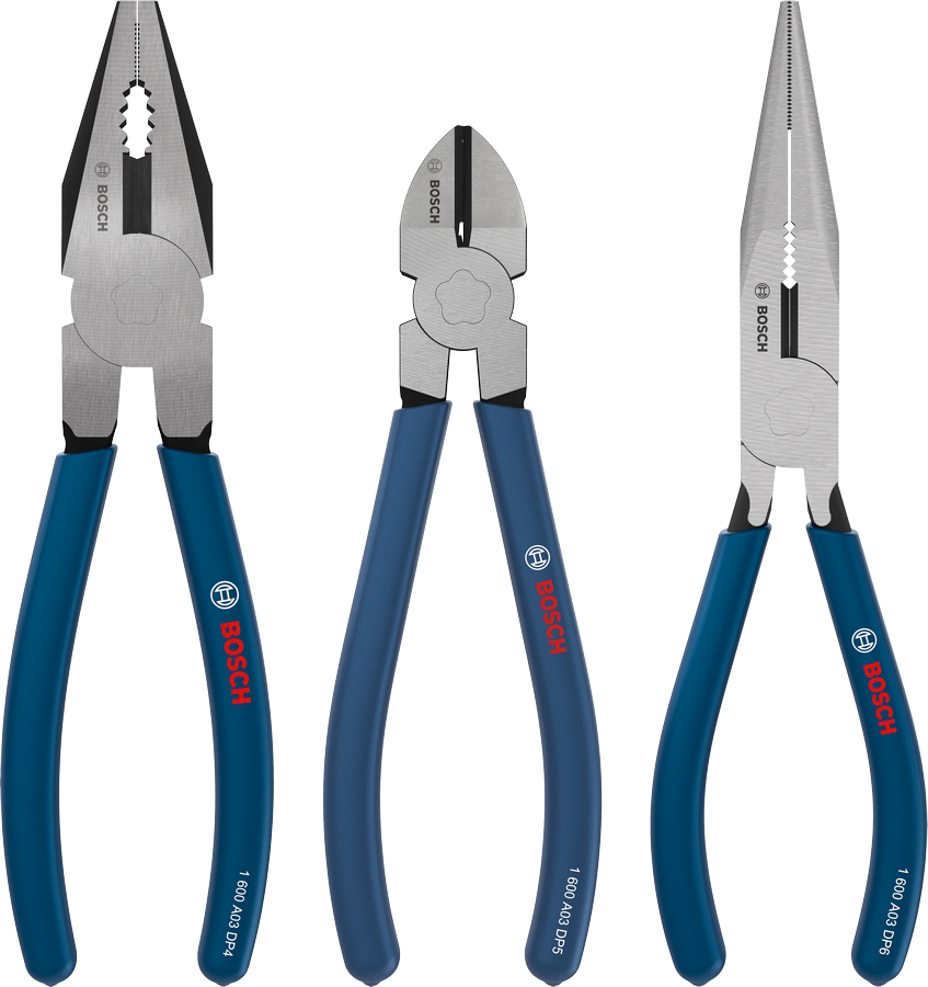 Bosch pliers set with dipped non-slip handles.