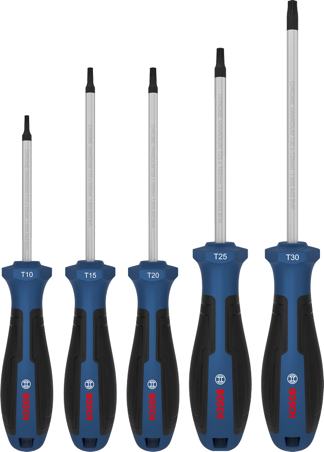 Bosch Screwdriver Set TX 5 pcs with chrome vanadium shafts.