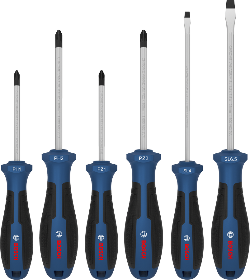 Bosch screwdriver set PH/PZ/SL, chrome vanadium shafts.