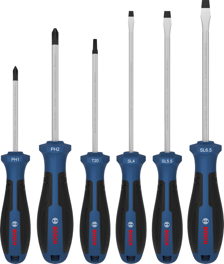 Bosch 6-piece screwdriver set with color-coded handles.