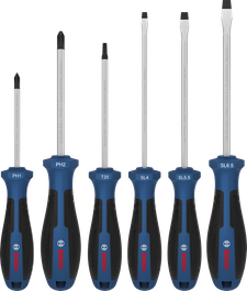 Bosch 6-piece screwdriver set with color-coded handles.