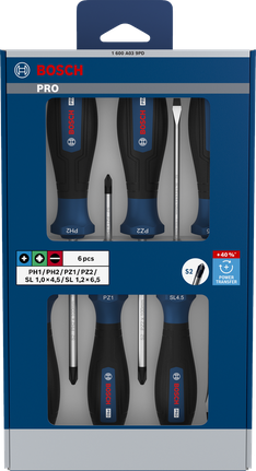 Bosch PRO Screwdriver Set PH/PZ/SL 6 pcs with S2 shafts.