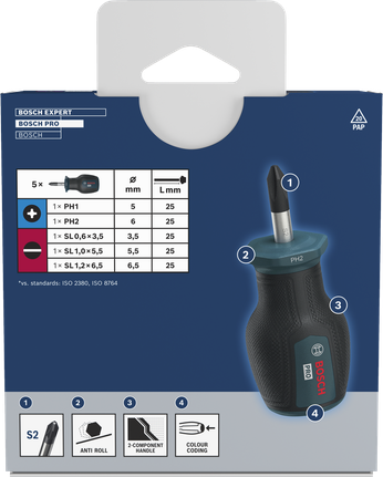 Bosch PRO Stubby Screwdriver PH/SL Set with S2 shaft and anti roll-off design.