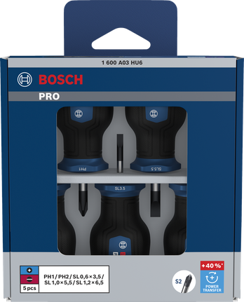 Bosch PRO Stubby Screwdriver PH/SL Set with S2 shafts and +40% torque.