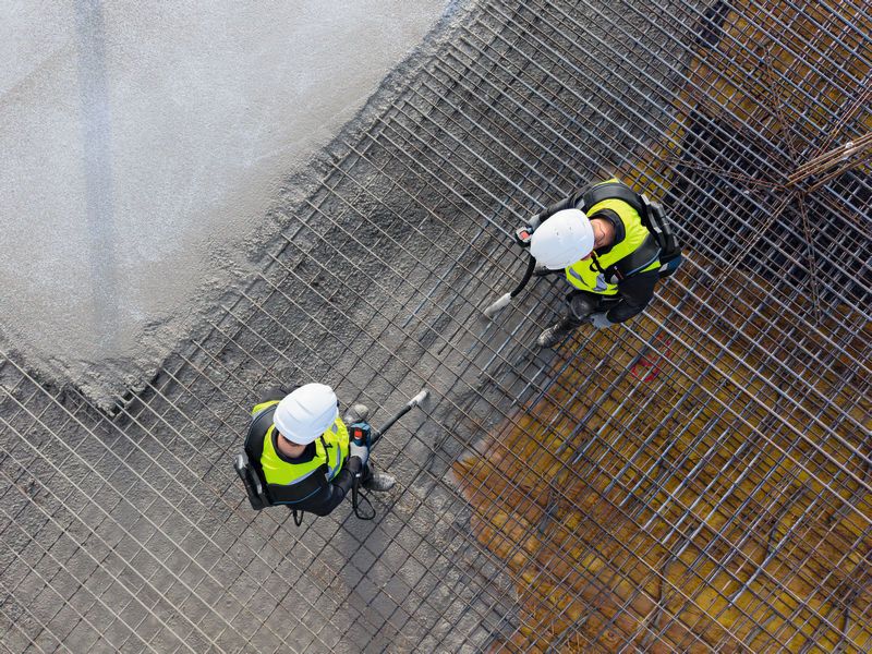 Two persons wearing safety equipment and backpacks use tools on a rebar grid at a construction site.