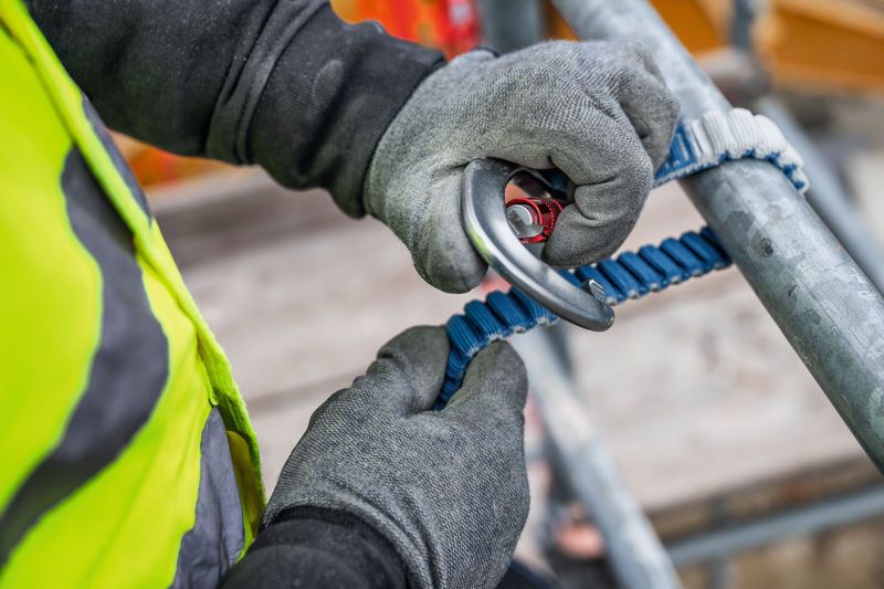 A person wearing safety equipment secures a climbing lanyard to scaffolding.