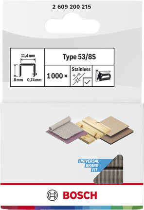 Bosch fine wire staples Type 53/8S for universal fit.