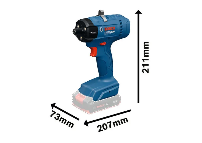 Bosch ISR 18V-50 E cordless impact driver with dimensions.