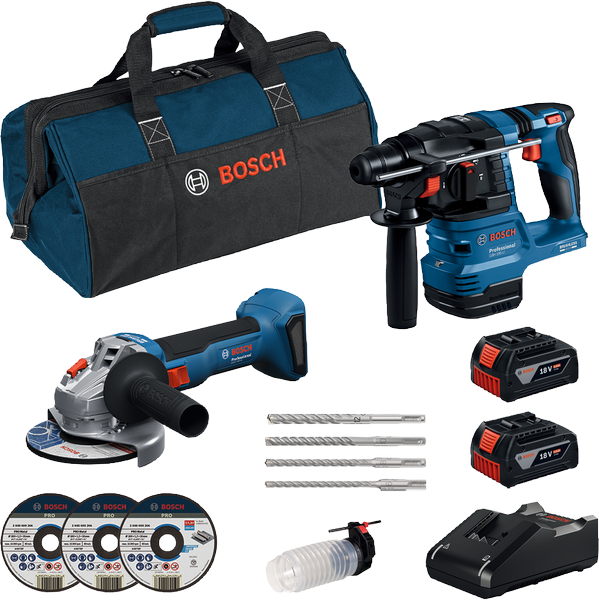 Bosch GBH 185-Li and GWS 18V-8 combo kit with bag.