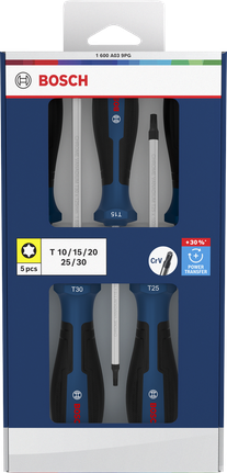 Bosch screwdriver set TX 5 pcs with chrome vanadium shafts.