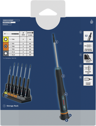 Bosch PRO Precision Screwdriver Set TX/TH/H, color coded.