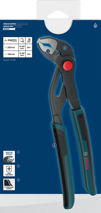 Bosch water pump pliers set with quick adjustment button.