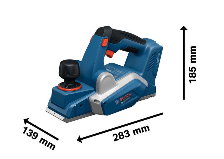 Bosch GHO18V-20 cordless planer with dimensions.