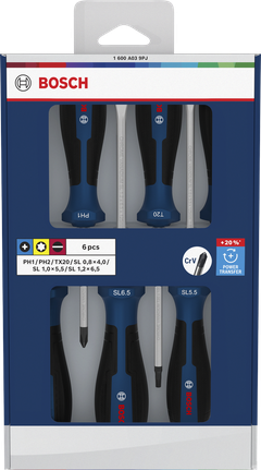 Bosch screwdriver set PH/TX/SL 6 pcs with chrome vanadium shafts.