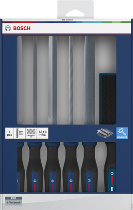 Bosch file set 5 pieces with pro file brush and ergonomic handles.