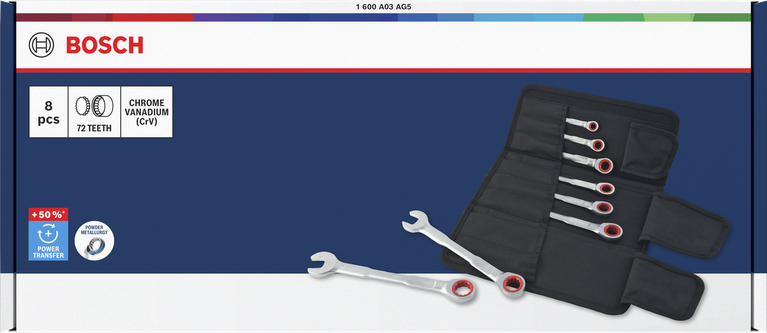 Bosch ratchet combination wrench set 8-19 mm 8 pcs with +50% torque.