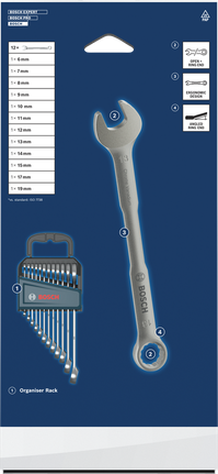 Bosch combination wrench set 12 pcs with organiser rack.