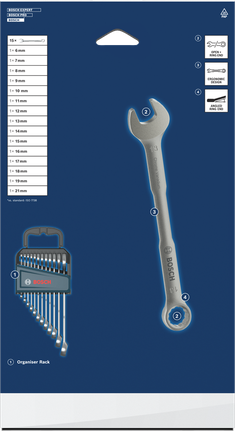 Bosch combination wrench set 6-21 mm, 15 pcs, 50 percent more torque.