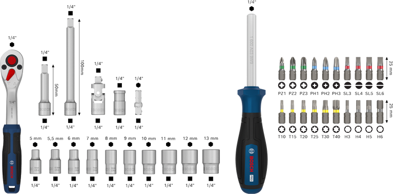 Bosch 1/4" ratchet set 37 pcs with assorted bits.