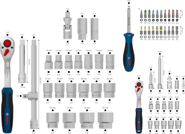 Bosch 1/4" + 1/2" Ratchet Set 80 pcs with sockets and bits.