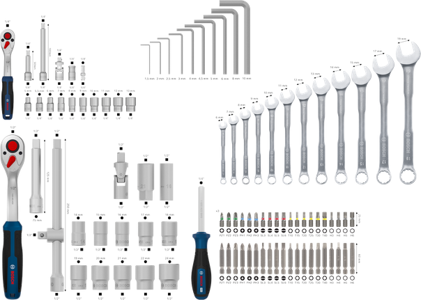 Bosch hand tool mixed set 134 pcs with wrenches and bits.