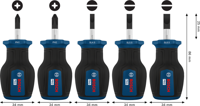 Bosch PRO Stubby Screwdriver PH/SL Set 5 pcs with S2 shafts.