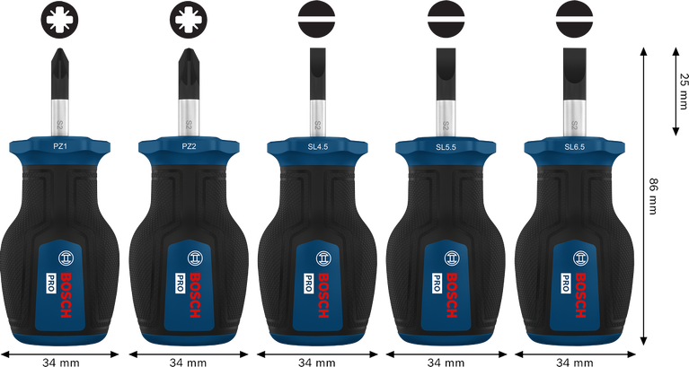 Bosch PRO Stubby Screwdriver PZ/SL Set with S2 shafts and multi-component handles.