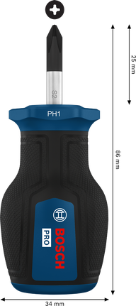 Bosch PRO Stubby Screwdriver PH1 x 25 mm with ergonomic handle.