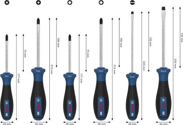 Bosch PRO Screwdriver Set PH/PZ/SL 6 pcs with S2 shafts and ergonomic handles.