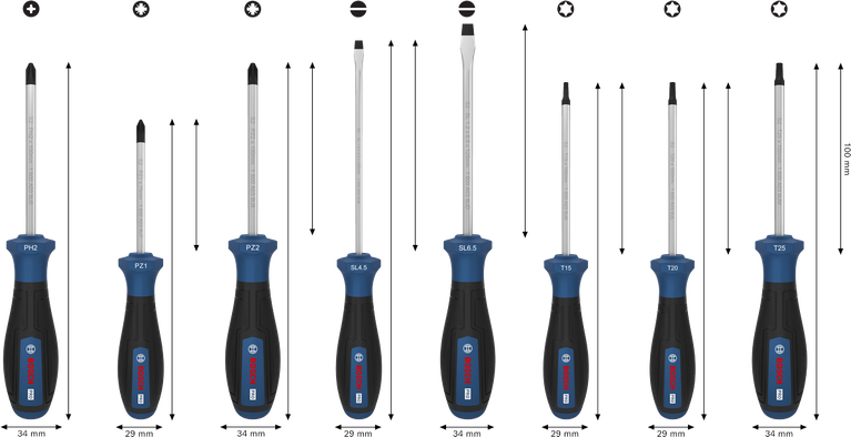 Bosch PRO Screwdriver Set 8 pcs with S2 shafts and color-coded handles.