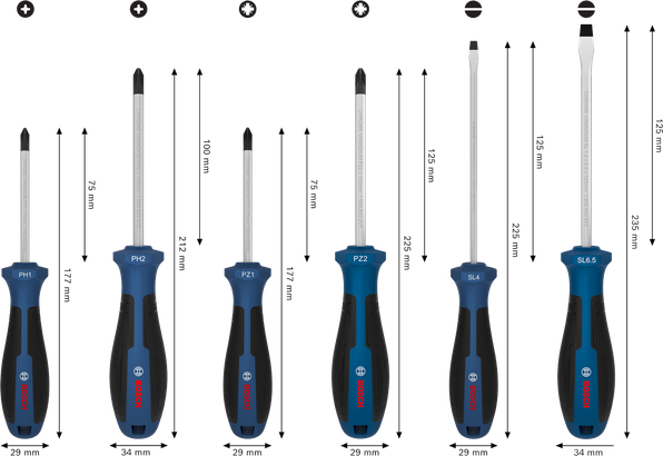 Screwdriver Set, PH/PZ/SL, 6 pcs